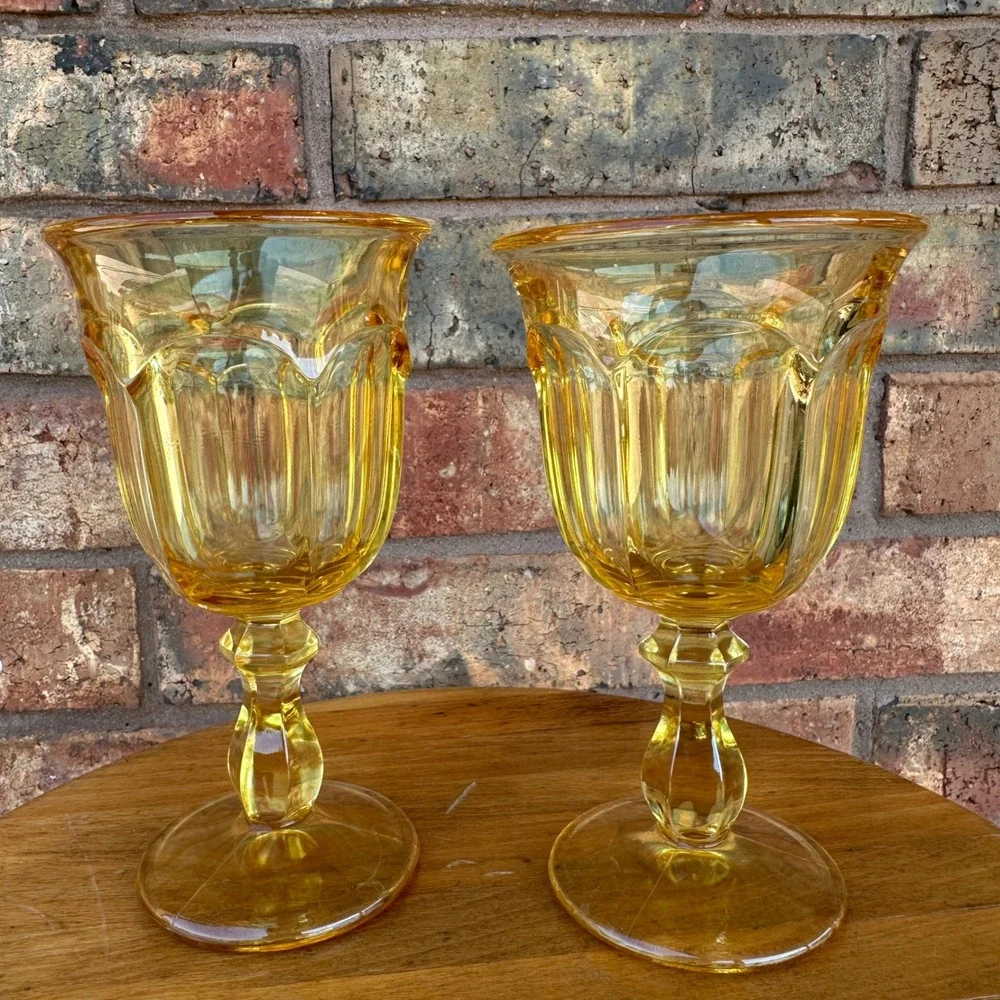 Vintage Amber Glass Goblets Set of 2 Fluted Stemware Mid Century Modern Yellow